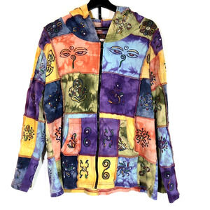 Rising International Hoodie Hippie Boho Art Sweatshirt Jacket Medium Zip Pockets